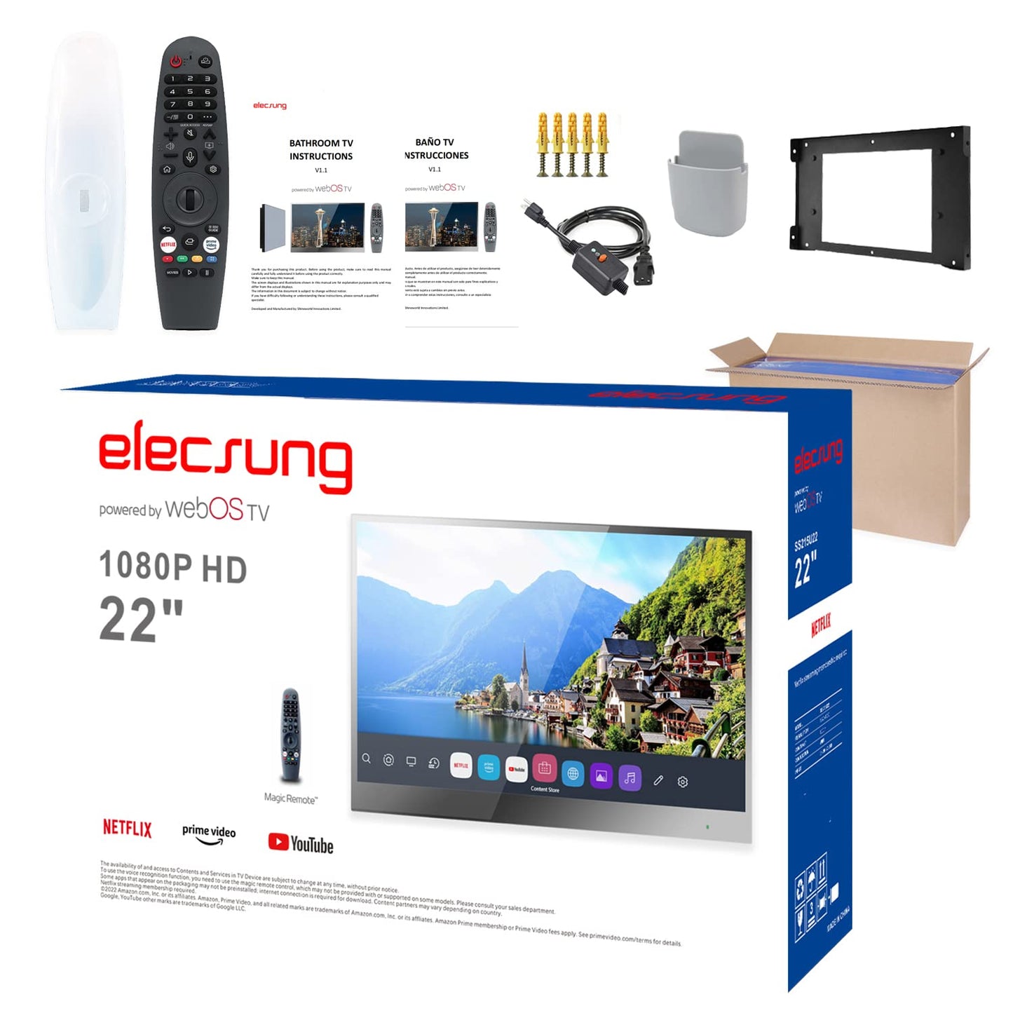 elecsung 22inch Smart Mirror Bathroom TV webOS 1080P Waterproof with Integrated HDTV(ATSC) Tuner, Built-in Alexa, Speakers, Wi-Fi and Bluetooth,SS215U22-A016 Model 2025