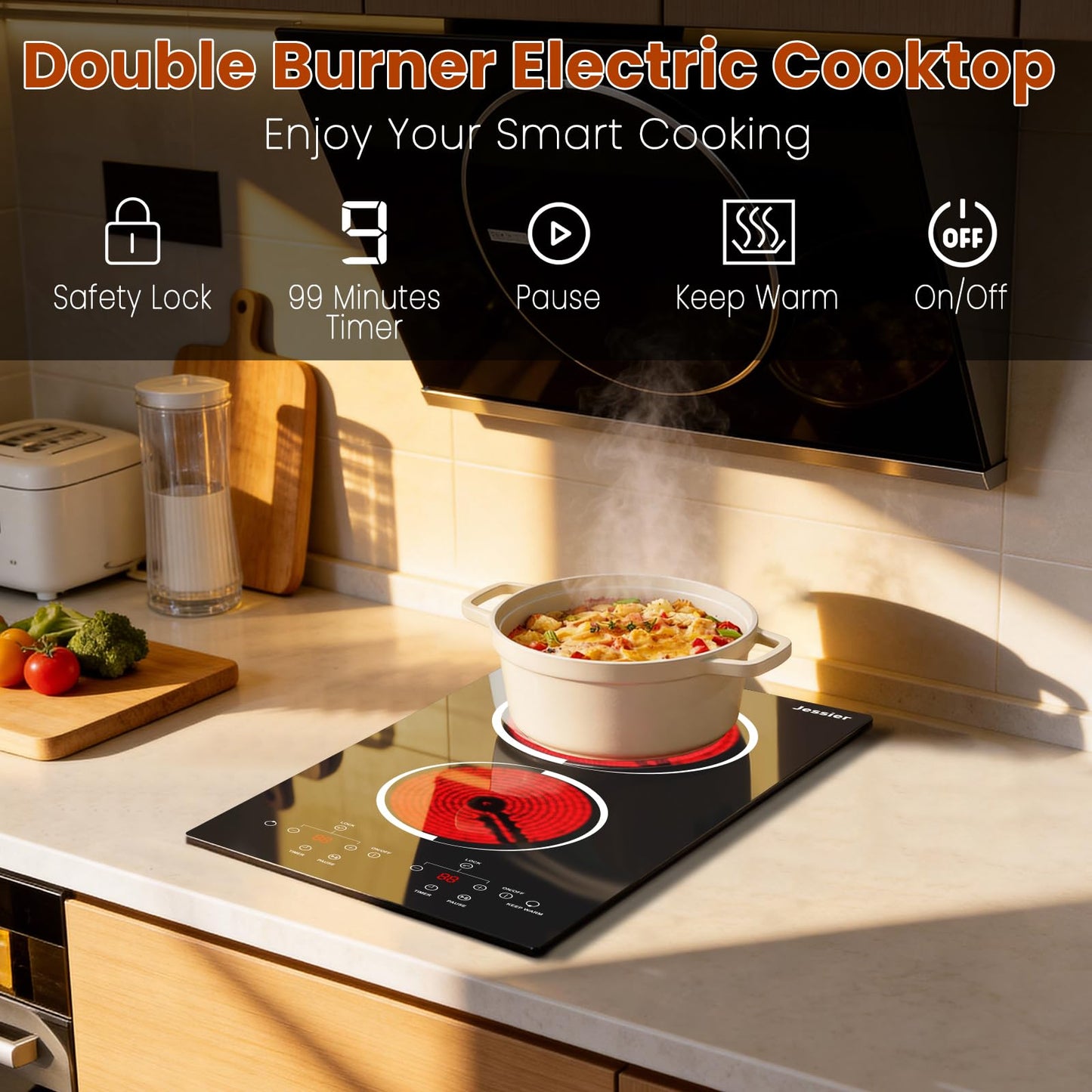 Jessier 2 Burner Electric Cooktop - 12 Inch Countertop & Built-in Electric Stove Top, 120V Plug in Electrical Cook Top, Timer, Safety Lock, Over-Temperature Protection, Sensor Touch Control