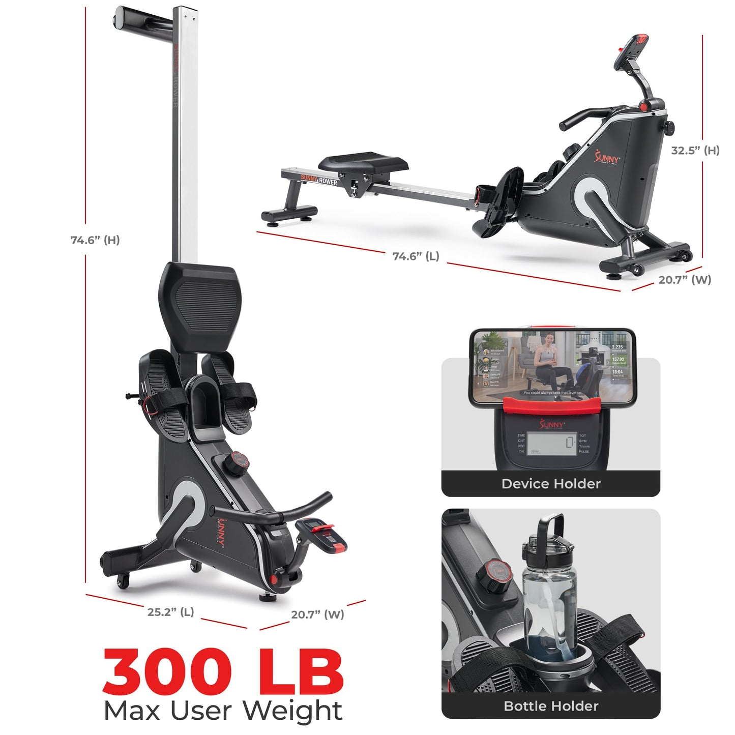 Sunny Health & Fitness Smart Compact Magnetic Rowing Machine with Stainless Steel Slide Rail – Magnetic Resistance Rower for Low-Impact Full-Body Workouts and Users up to 300 LB - SF-RW523043