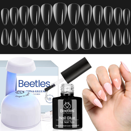 Beetles Gel Nail Kit 504Pcs Short Almond Gel Nail Tips with 9 in 1 Nail Glue Nail Extension Set Uv Led Lamp Acrylic False Tips Kit DIY Nails Art Gifts for Women