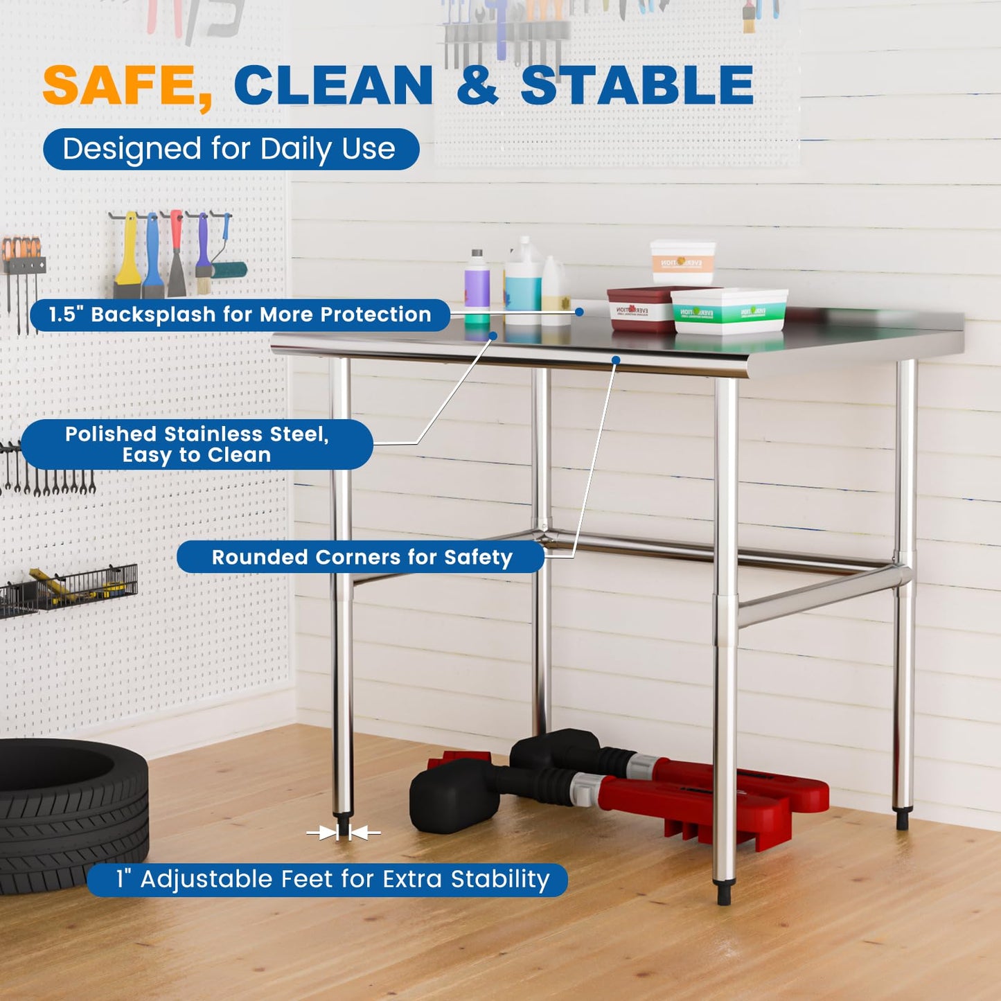 Chingoo Open Base Stainless Steel Work Table 30x36 Inch with Backsplash, Heavy-Duty Prep Table for Commercial Restaurant, Kitchen, Bakery, or Garage