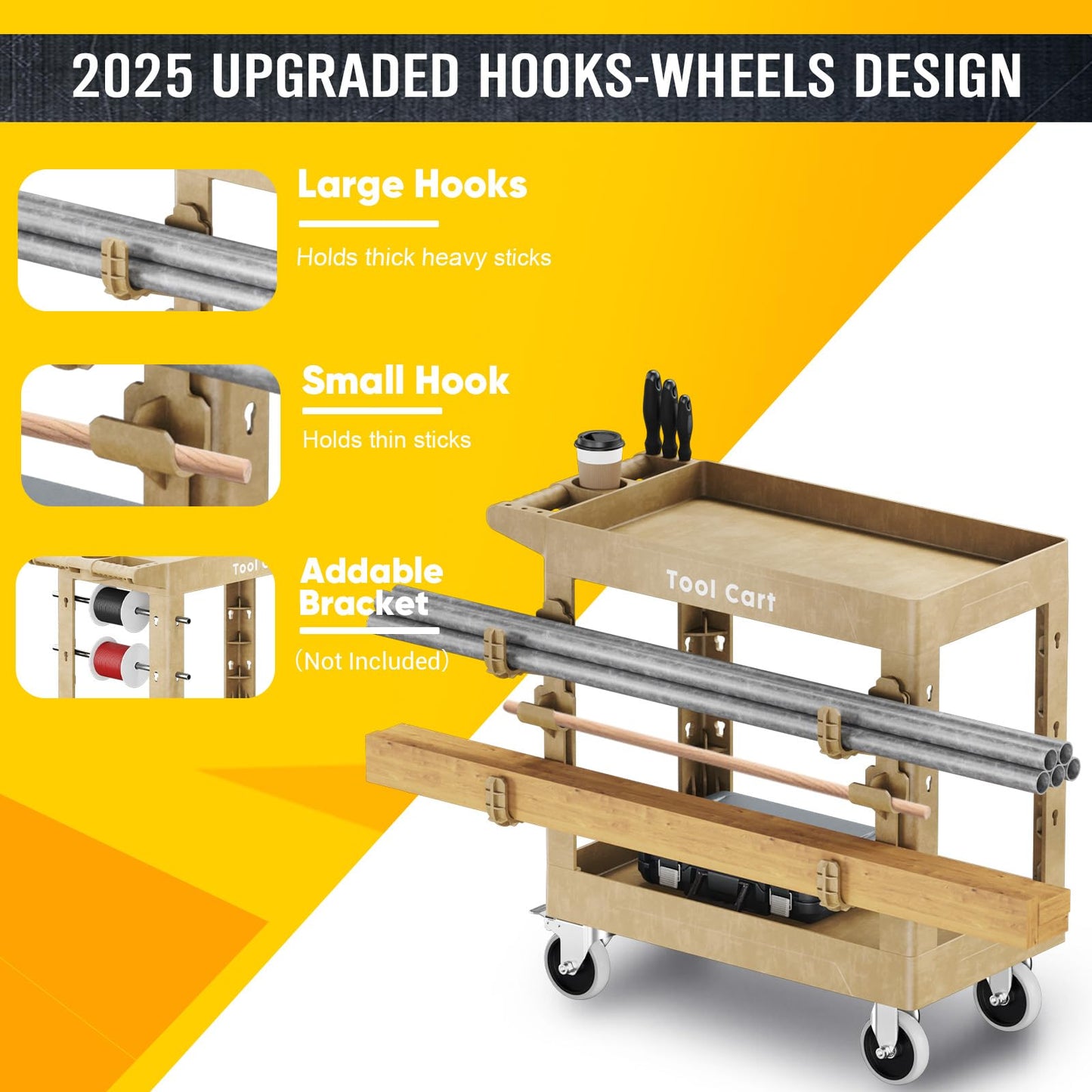 Utility Cart on Wheels, 850Lbs Heavy Duty Plastic Rolling Cart with Upgraded Side Tube Holder Hooks&Full Swivel Wheel, 34 x 17 Inch Deep Shelve 2 Tier Service Cart for Warehouse/Garage/Cleaning, Wood