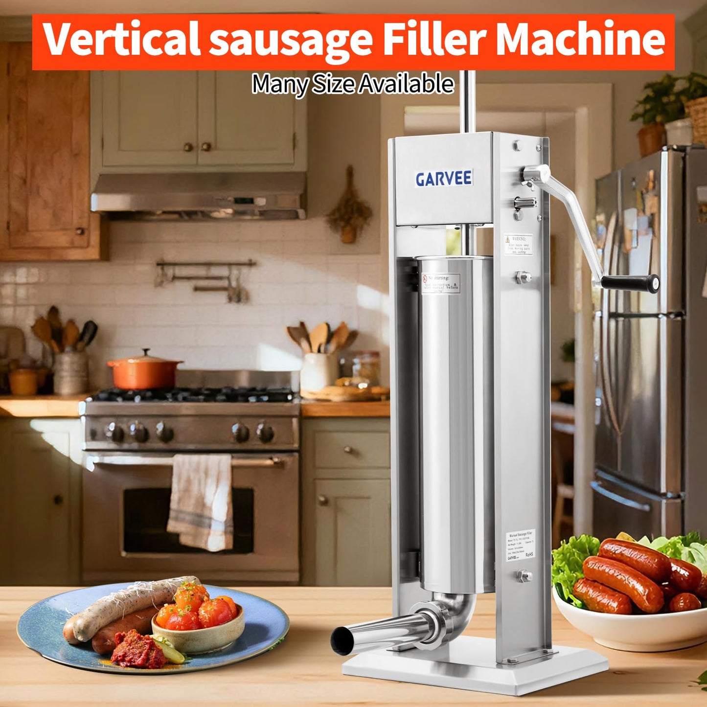 GarveeTech 15LBS/7L Sausage Stuffer, 304 Stainless Steel Manual Sausage Maker with 2-Speed Gear, Sausage Stuffer Machine with 5 Filling Tubes & Cleaning Kit for Household or Commercial Use
