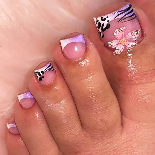 24Pcs Purple French Press on Toenails,Short Square Fake Toe Nails with 3D Flower Designs Leopard Print Toe Nail Press Ons Full Cover Acrylic Glossy Stick on Toenails for Women Girls