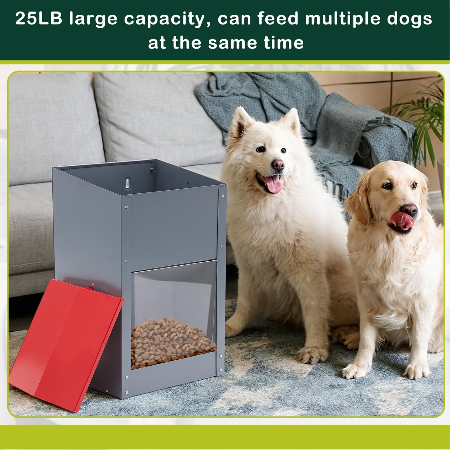4 Pcs 25 Lbs Large Galvanized Automatic Dog Feeder Dog Food Dispenser with Handle Acrylic Panel Galvanized Gravity Feeder Thickened Rust Proof Outdoor Hanging for Doggie Breed Food Container