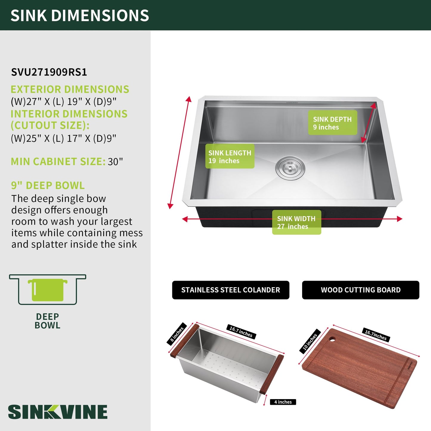 27-inch Undermount Kitchen Sink Workstation, SINKVINE 25x19 Outdoor Sink BBQ, Stainless Steel Single Bowl Basin w/Sapele-Wood Cutting Board, SST Colander w/Wood Handle, and Roll-up Dish Drying Unit