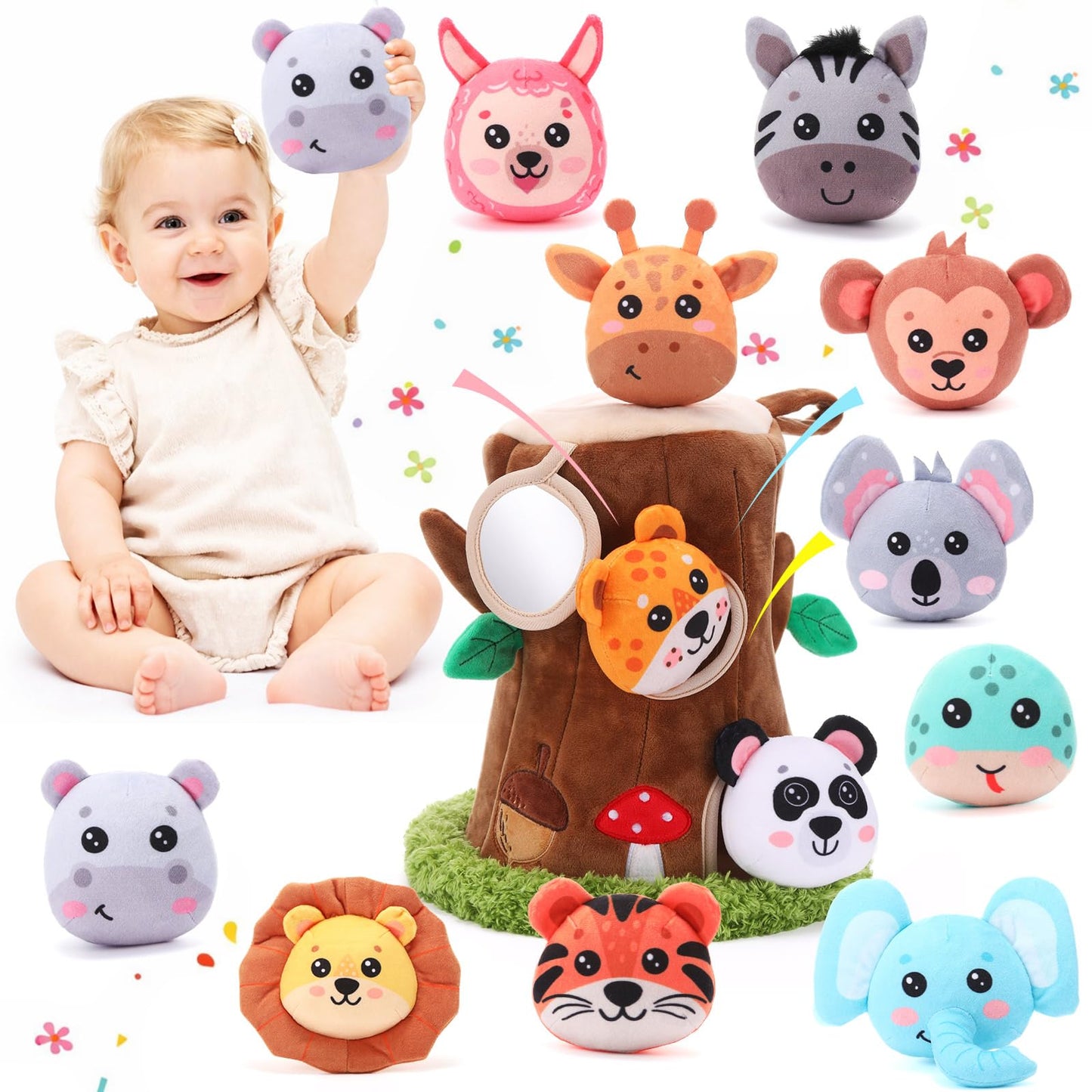 Arrowbash 13 Pcs Plush Animal Tree House Toy for Babies 6-24 Months, Hide and Seek Sensory Toy, Montessori Toddler Learning Toys, Soft Stuffed Animal Playset, Baby Development Toys Gift for Boys Girls