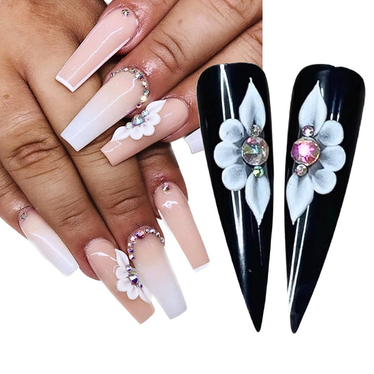 Set 8Pcs 3D Flowers Nails Charms with Rhinestone Gems Handmade by Acrylic Powder Design for Long Nail L,XL,XXL Flower Nail Art Floral Salon Decor Women Girls (8Pcs-White 3 Rhinestones)