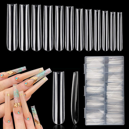 LIONVISON 3XL Clear Full Cover Square Nail Tips for Acrylic Nails Professional, 504PCS Extra Long Tapered Square Straight Nails Tips, 12 Sizes Press On Gel False Nail Tips for Nail Salons Home DIY