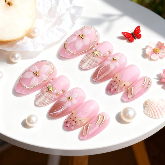 30Pcs French Tip Press on Nails Medium Almond Fake Nails 3D Gold Starfish Beads Charms Design Flower False Nails Pink Yellow Gradient French Nail Artificial Nails Cute Floral Acrylic Nail for Women