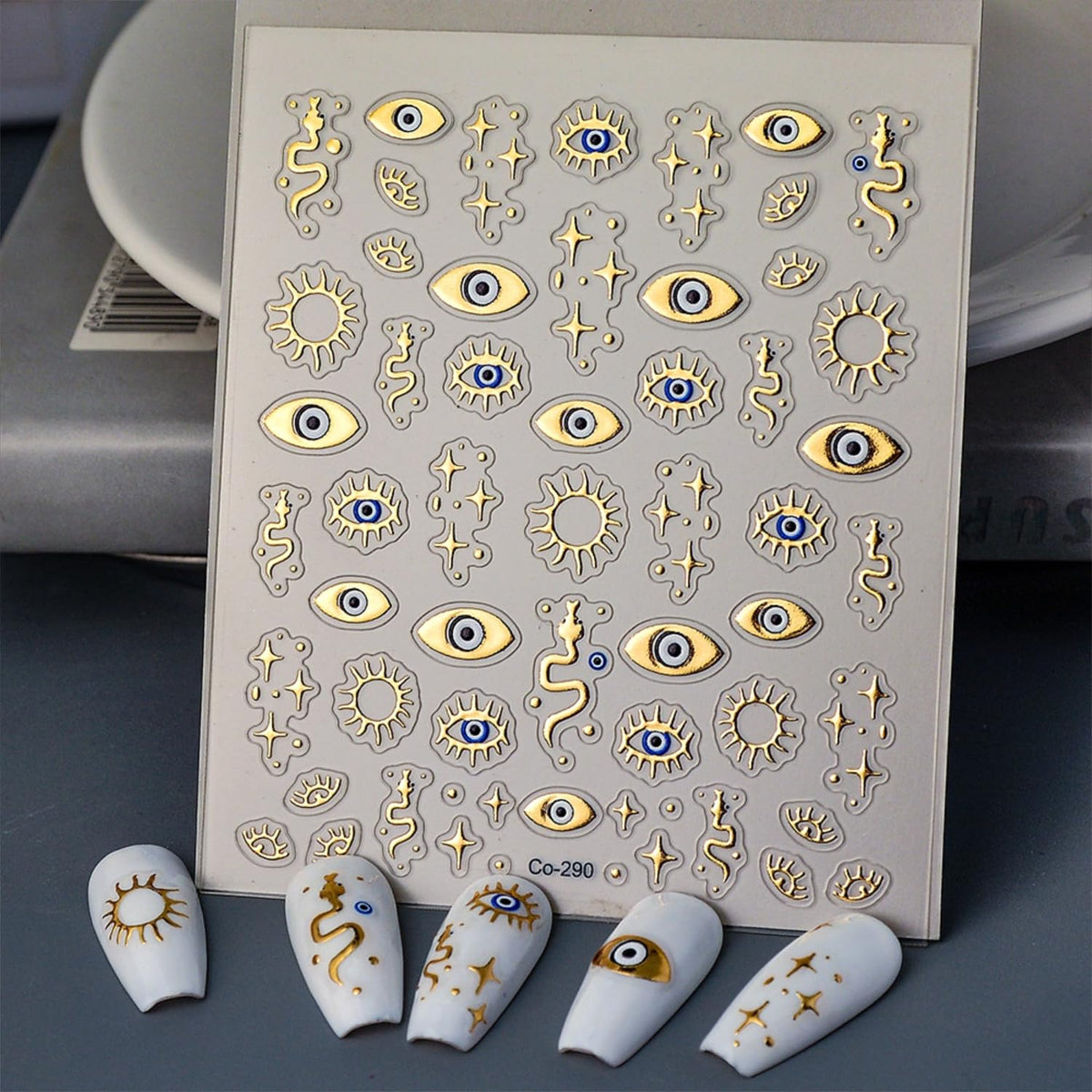 5D Embossed Gold Nail Stickers for Nail Art Evil Eyes Nail Art Stickers Decals for Acrylic Nails Self Adhesive Star Nail Decals Design Gold Nails Supplies for Women Girls
