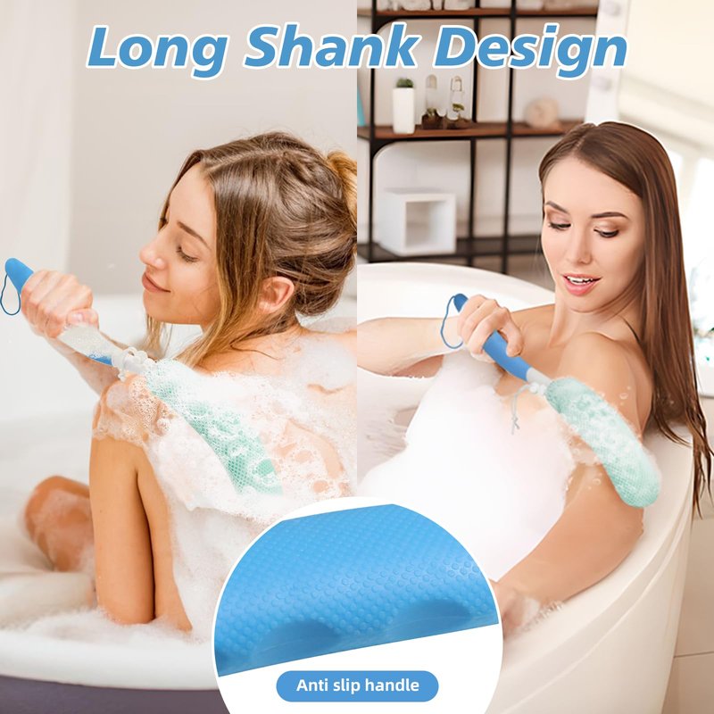 KkaFFe Back Scrubber for Shower，Mesh Sponge Body Shower Brush with Long Handle for Use in Shower Back Scrubber,Back Scrub for Exfoliating Body Scrubber or Shower Brush (Blue and Blue)