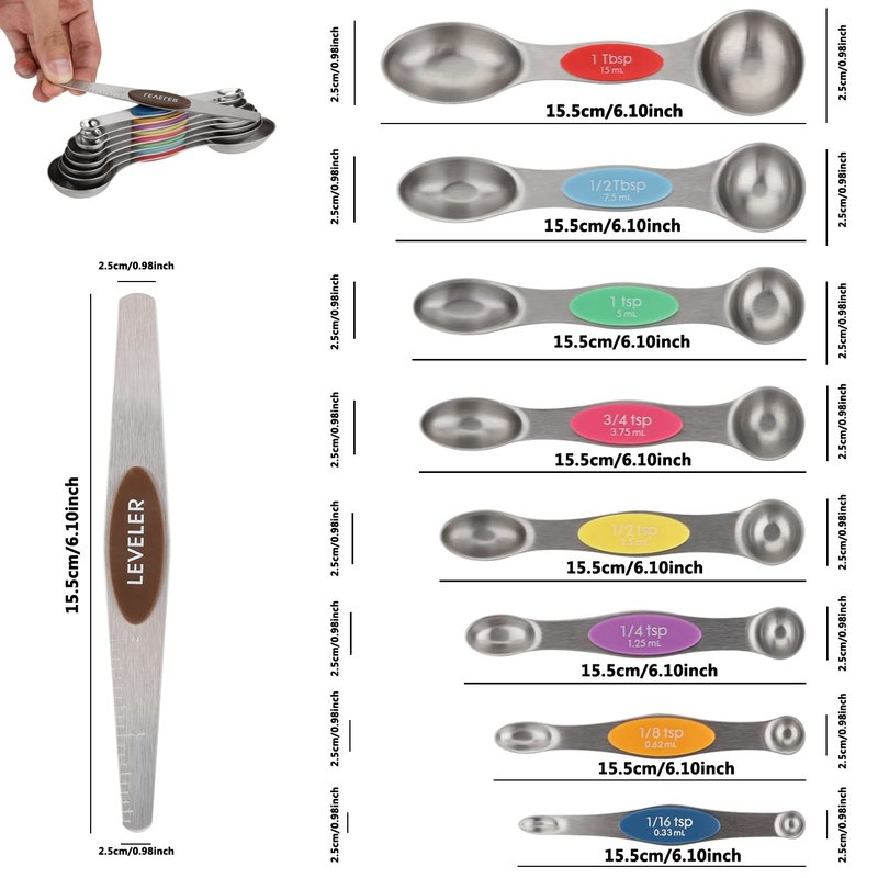 Magnetic Measuring Spoons Set of 9 Dual Sided Stainless Steel Measuring Spoons Stackable Nesting Tablespoon Teaspoon, Fits in Spice Jars, for Dry or Liquid Ingredients