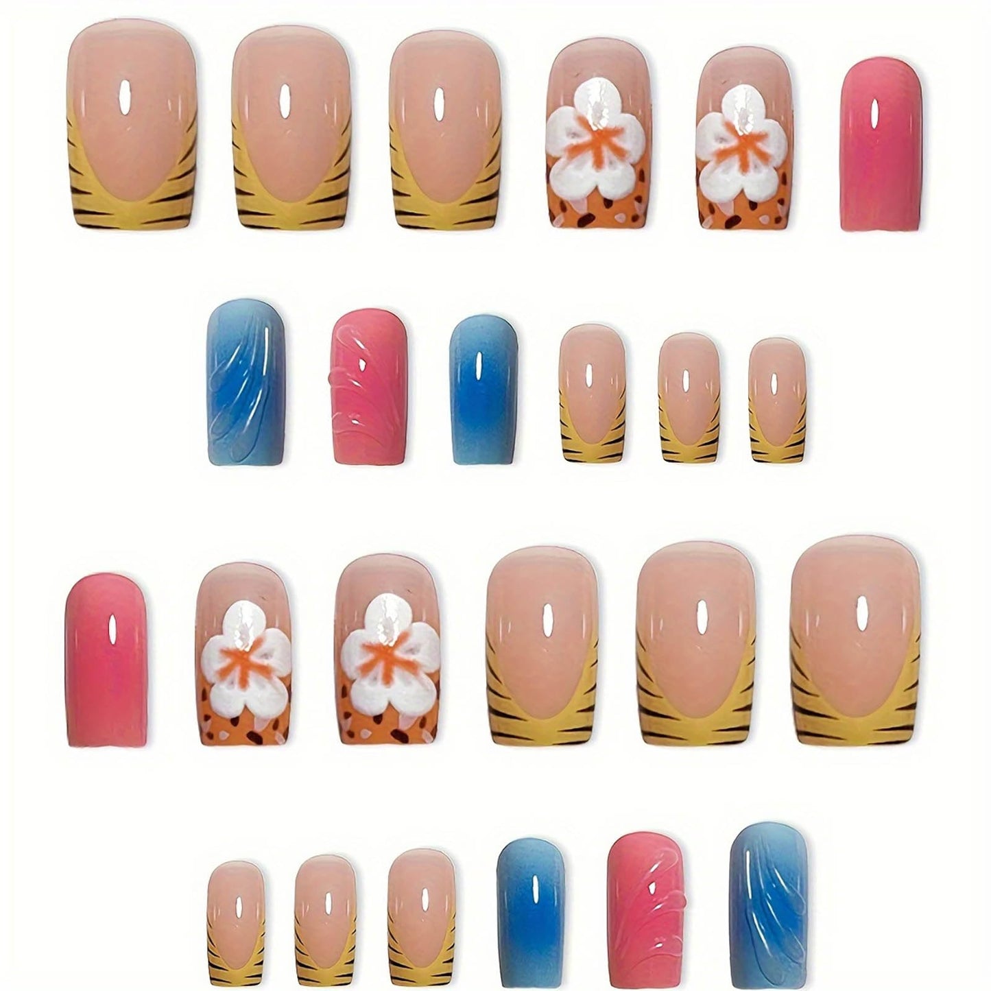 Short Press on Nails Square French Tip Fake Nails Pink Blue Glue on Nails with 3D Swirl and Flower Designs Acrylic Nails Press ons Full Cover Stick on Nail for Women Manicure 24Pcs