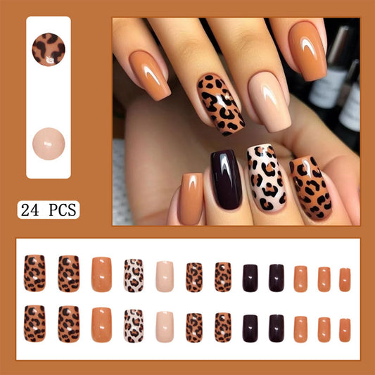 Leopard Print Press-On Nails Square Short False Nails with Brown Nude Design Pink Full Cover Gloss Cheetah Print False Nail for Women Girls Nail Art Decoration 24pcs