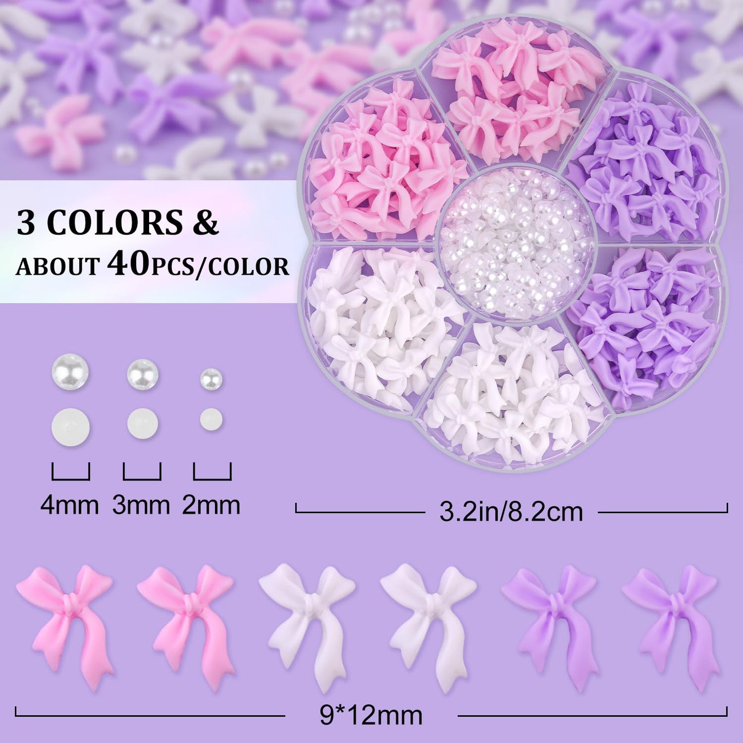 120 Pcs 3D Nail Bow Charms + 2-4mm Nail Pearls Set 9, Pink White Lilac Bow Nail Charms and White Flatback Pearls with Nail Charm Glue Gel(UV Needed) and Pickup Tools for Nail Art Decoration