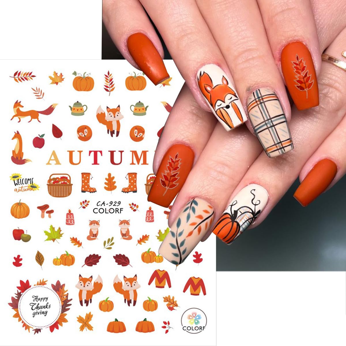 6 Sheets Fall Nail Stickers for Nail Art 3D Cute Turkey Pumpkin Nail Art Stickers Autumn Maple Leaf Sunflower Design Thanksgiving Nail Decals Nail Art Supplies for Women Acrylic Manicure Decoration