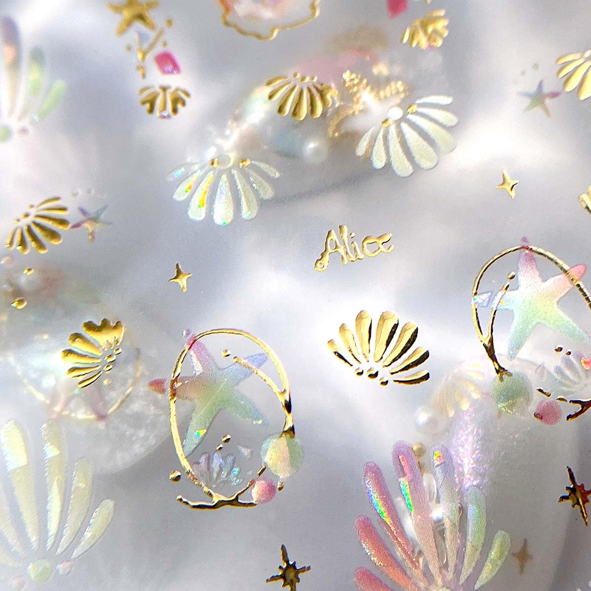 Summer Iridescent Nail Stickers Seashell Starfish Nail Decals Gold Stickers for Nails Design 3D Self Adhesive Nail Art Supplies & Decorations for Women Girls,1 Sheet DIY Manicure Decor
