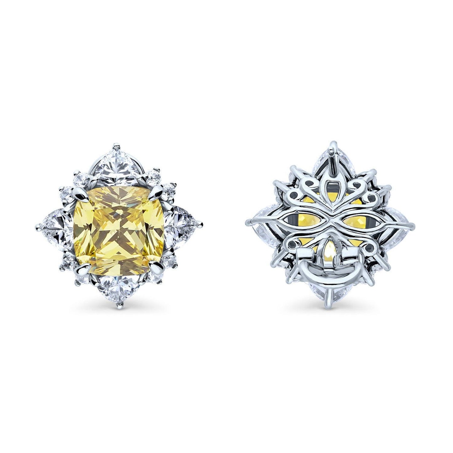 BERRICLE Sterling Silver Halo Canary Yellow Cushion Cut Cubic Zirconia CZ Flower Fashion Necklace and Earrings Set for Women, Rhodium Plated