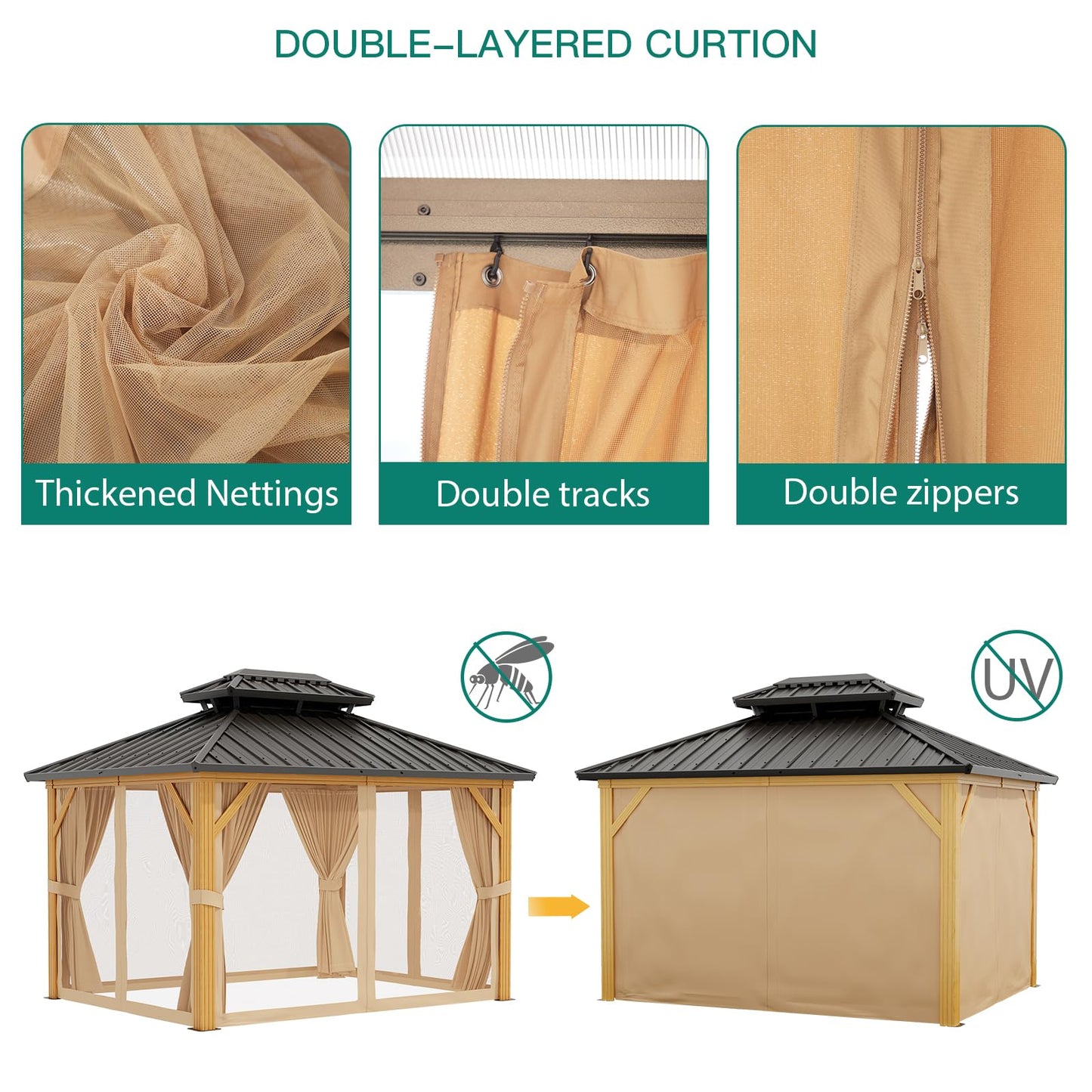 GarveeLife 10x12 ft Double Roof Hardtop Gazebo, Heavy Duty Galvanised Steel Hardtop Pavilion with Netting and Curtains, Faux Wood Grain Metal Gazebo for Patio, Terrace, Lawn and Deck, Wood Grain