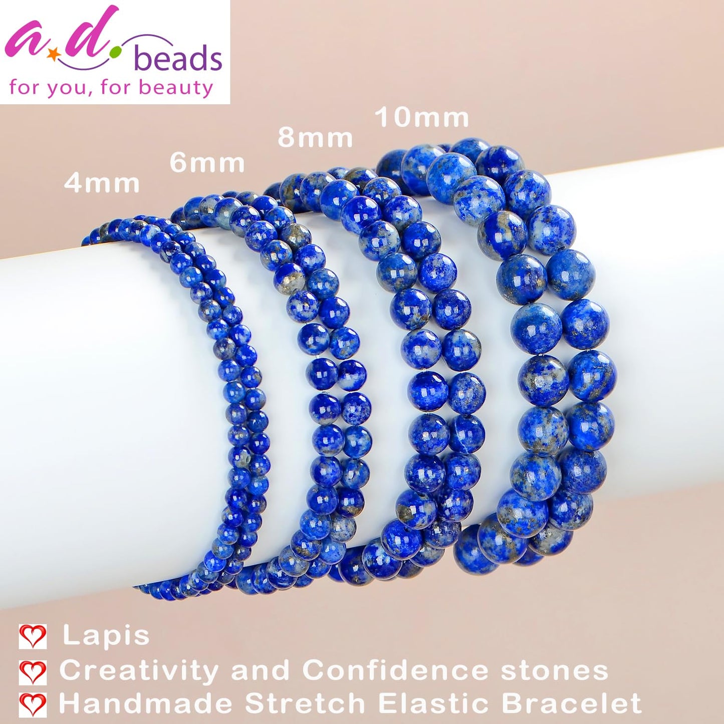 AD Beads Handmade Gemstone Stretch Elastic Bracelet Crystal Healing Reiki Nature's Beauty and Spiritual Essence Unisex (4mm, Lapis Lazuli)