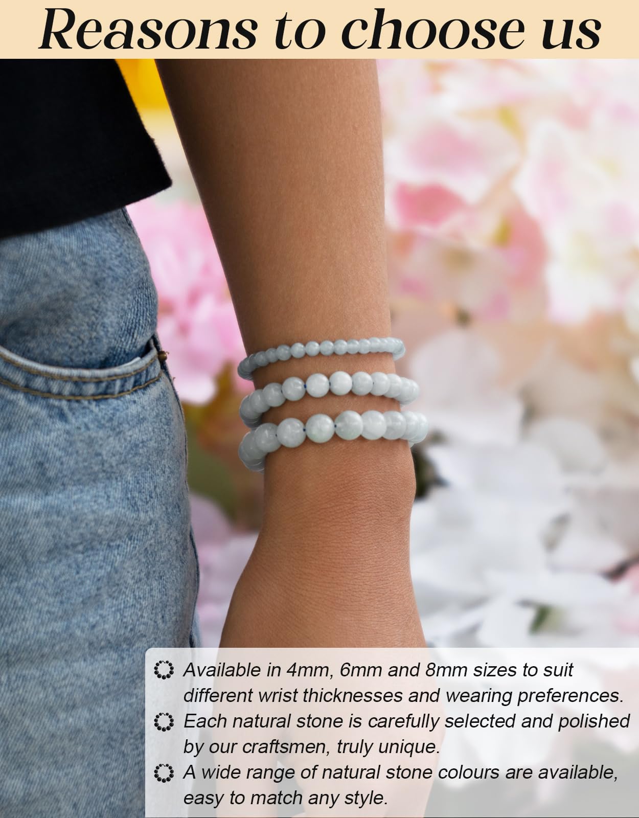 Landorilo Beaded Bracelet for Men Women, 6mm Natural Stone Aquamarine Healing Crystal Stretch Bracelets, Ideal Christmas Birthday Jewelry Gifts with Energy Card，Replacement Beads Included