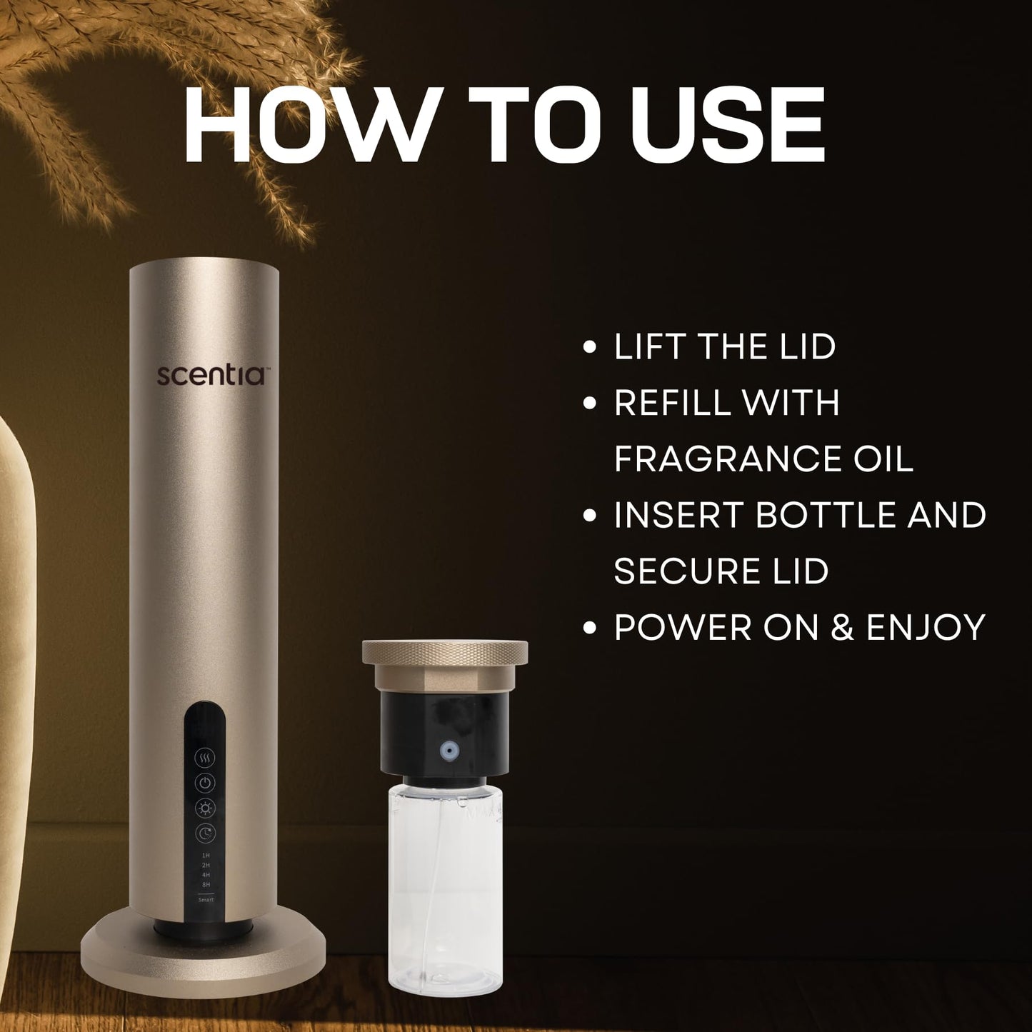 Scentia Wireless Waterless Hotel Scent Diffuser | Includes Premium USA-Made Oil Blend | App Controlled, Cordless | Home, Office, Spa, Aromatherapy | Covers 1500 Sq Ft | 72 Hrs in 1 Charging | Gold