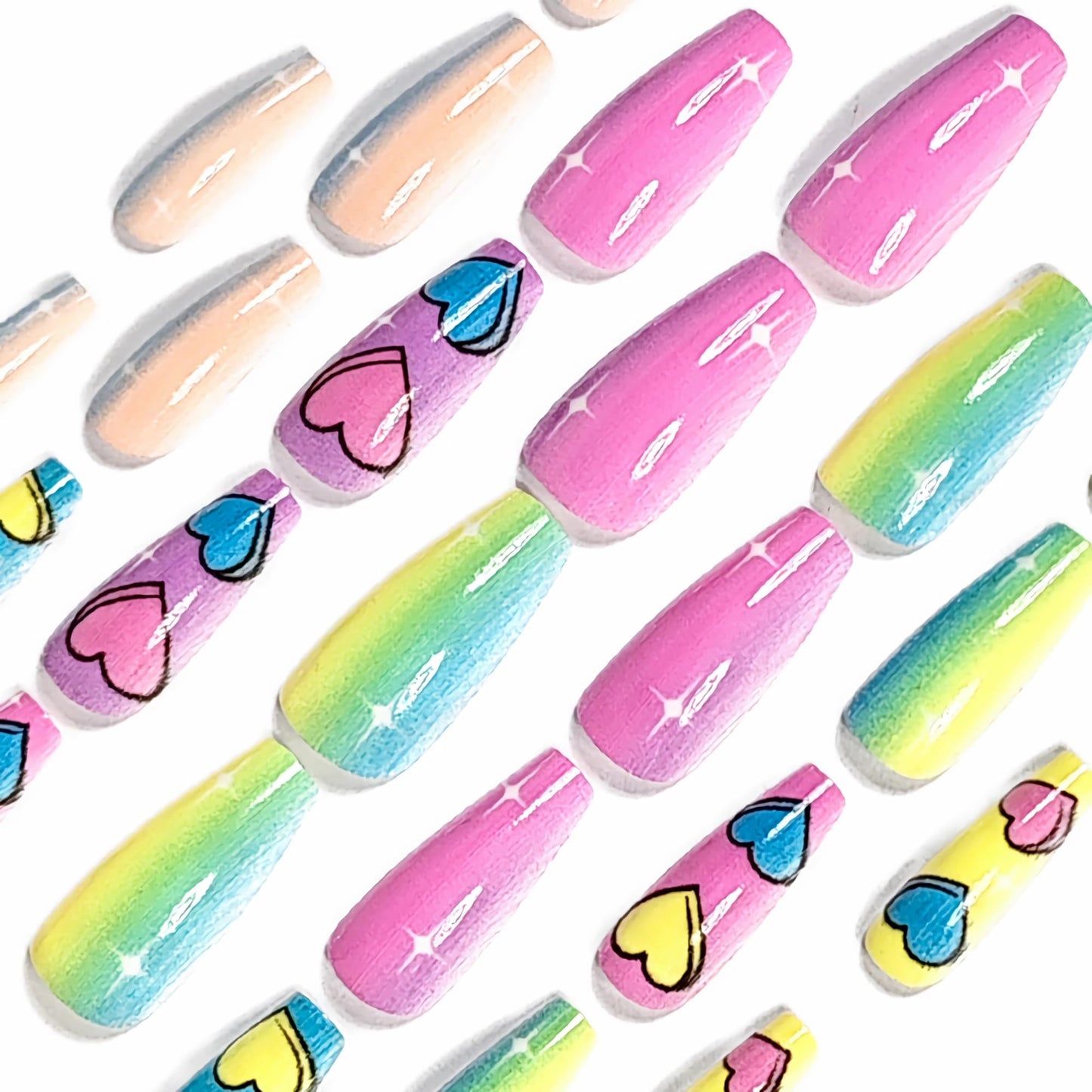 BABALAL Press on Nails Long - Coffin Fake Nails, Colorful Rainbow Heart Design, 24Pcs Coquette Ballerina Manicure False Acrylic Nails Supplies Diy Artificial Art Gel for Women