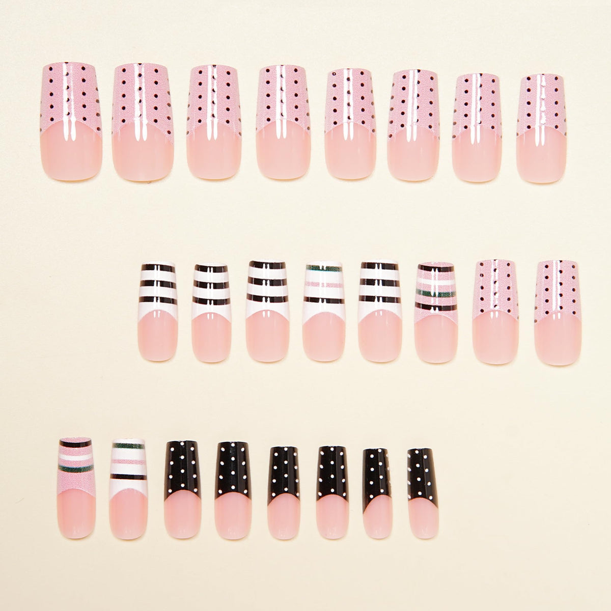 Medium Press on Nails Polka Dot Square Fake Nails with Pink & White French Tip Full Cover Stick on Nails Glossy Stripe Reusable Acrylic False Nails Glue on Nails for Women 24Pcs