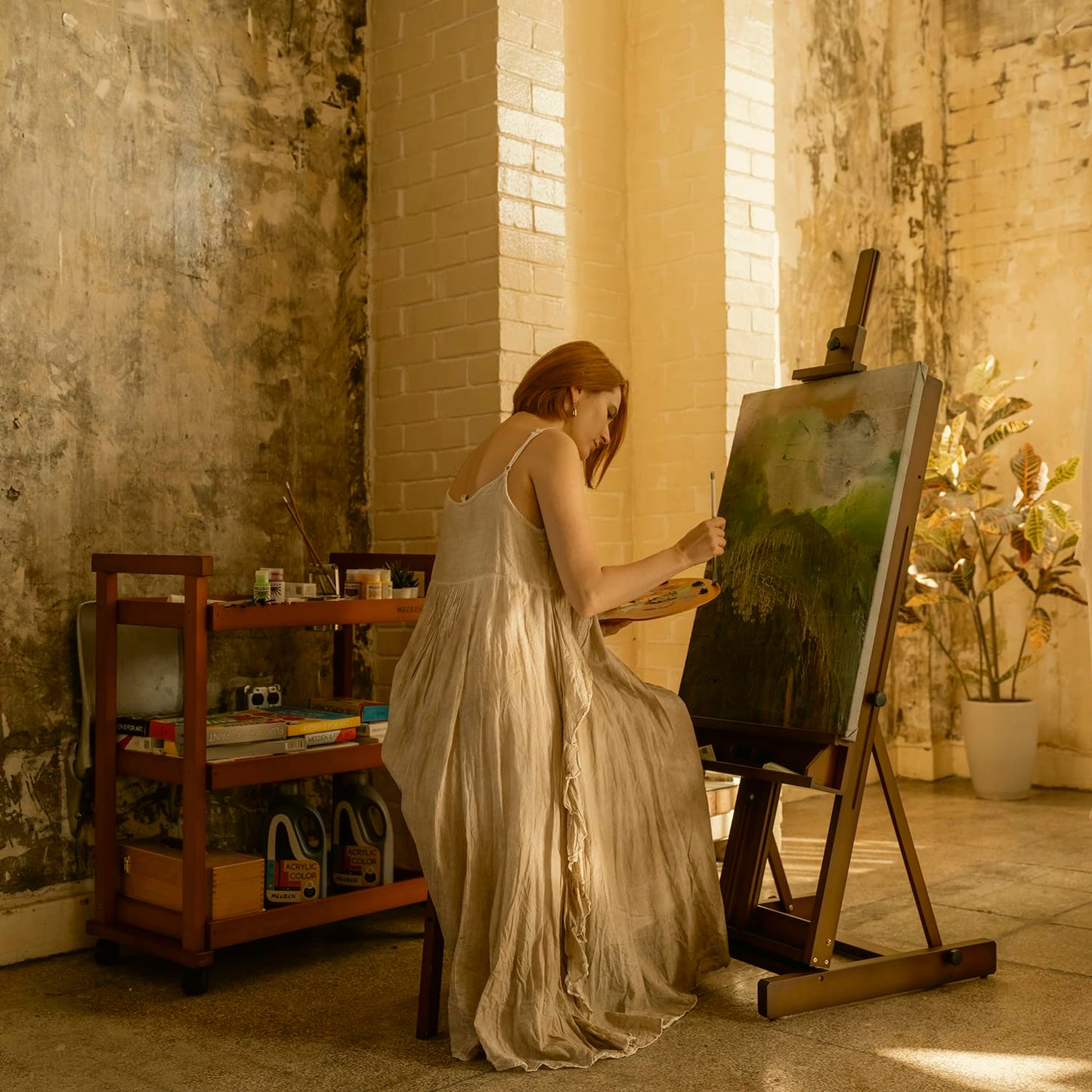 MEEDEN Heavy Duty H-Frame Studio Easel Stand, Large Adjustable Solid Beech Wood Artist Easel for Painting, Holds Canvases up to 78" with Storage Tray- Walnut