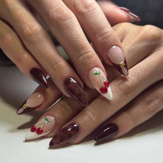 IMSOHOT Cherry Press on Nails Medium Almond Fake Nails Burgundy French Nail Tips Full Cover Glossy Glue on Nails Acrylic Artificial Cute False Nails for Women 24Pcs