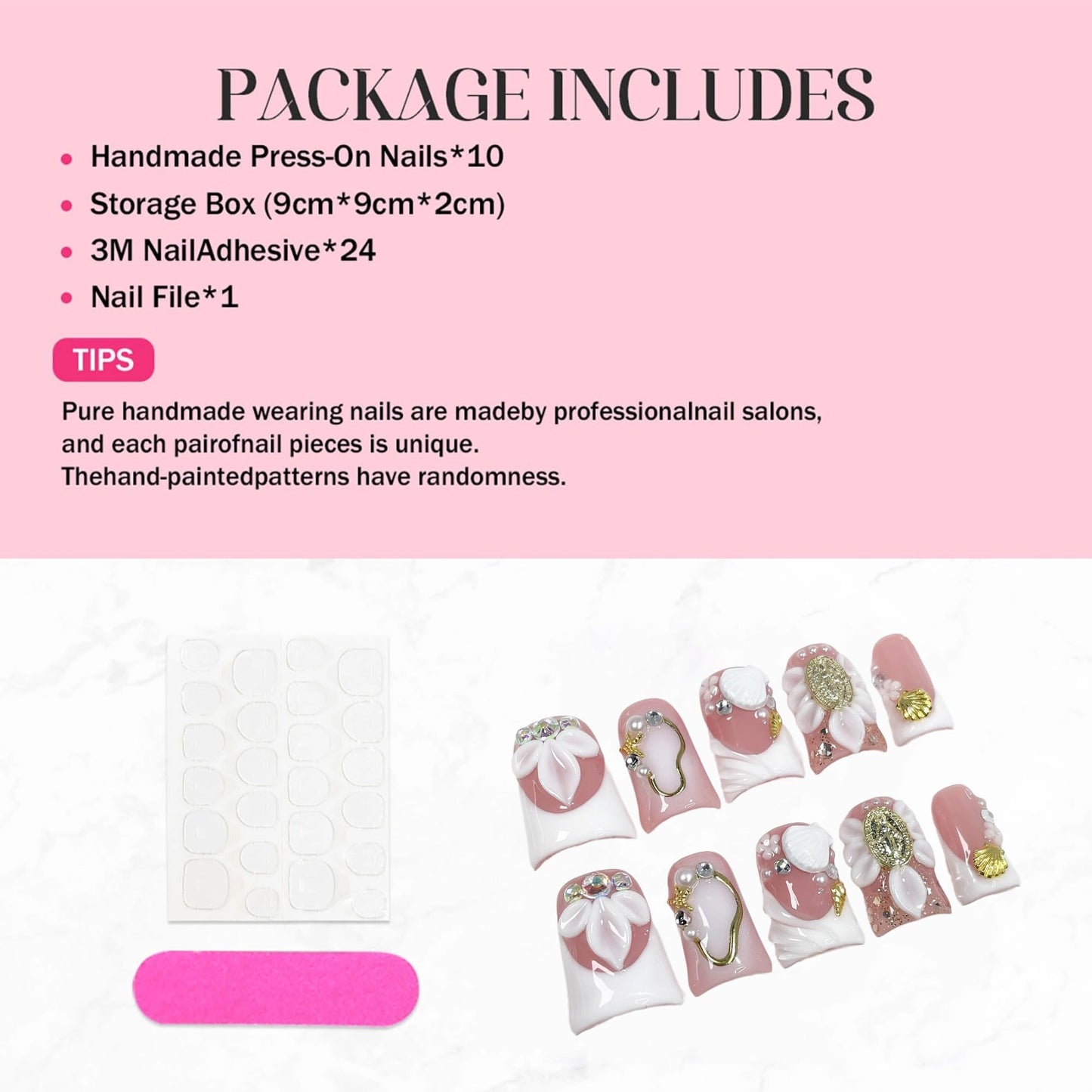 Handmade Press on Nails Medium Duck Fake Nails White French Tip Acrylic False Nails with 3D Flower Design Luxury Full Cover Stick on Nail for Women 10Pcs Manicure (Size M)