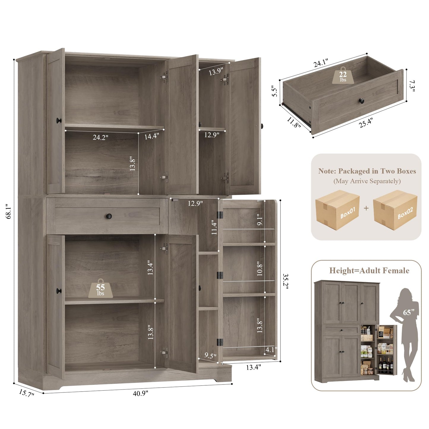HOSTACK 68" Tall Kitchen Pantry Storage Cabinet, Modern Kitchen Hutch Cabinet with Doors and Shelves, Freestanding Food Pantry with Large Storage Drawer for Dining Room, Living Room, Ash Gray