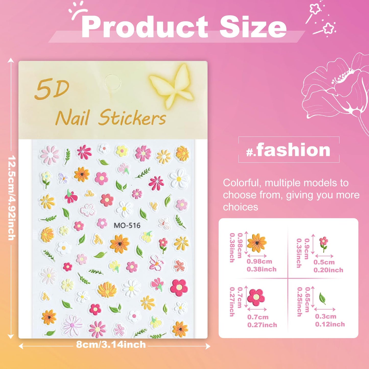 Flower Nail Art Stickers 5D Embossed Nail Decals for Nails Art Design Self-Adhesive Spring Summer Daisy Floral Leaf Plant Nail Accessories for Women Manicure DIY Art Decoration 6 Sheets YX1226