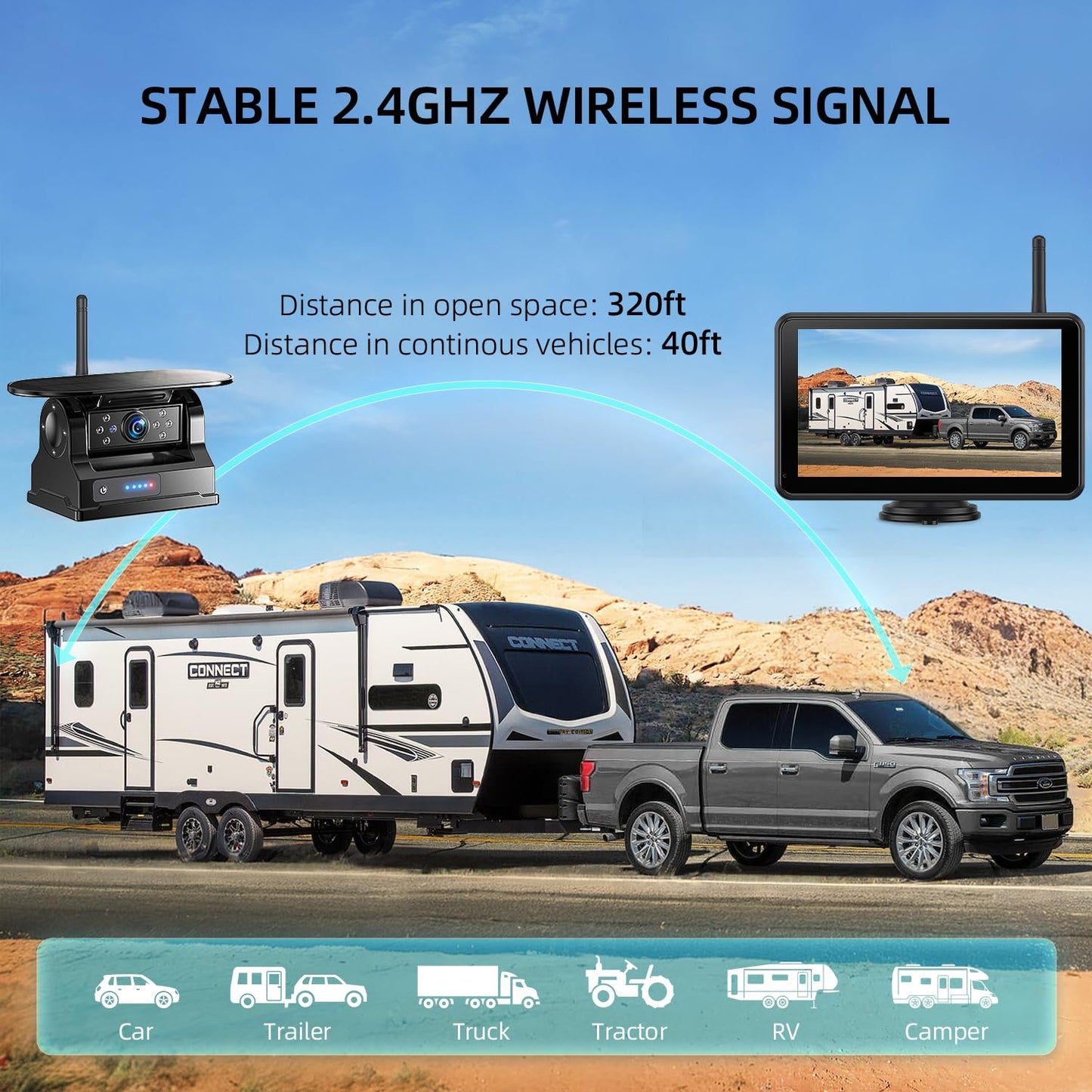 eRapta Magnetic Solar Wireless Backup Camera: HD1080P 7” Touchscreen Portable with DVR, BSD, 1-Min Install-Free IR Night Vision Hitch Backup Camera for Trailer/Truck/Small RV/Camper/Tractor-AWTCM701