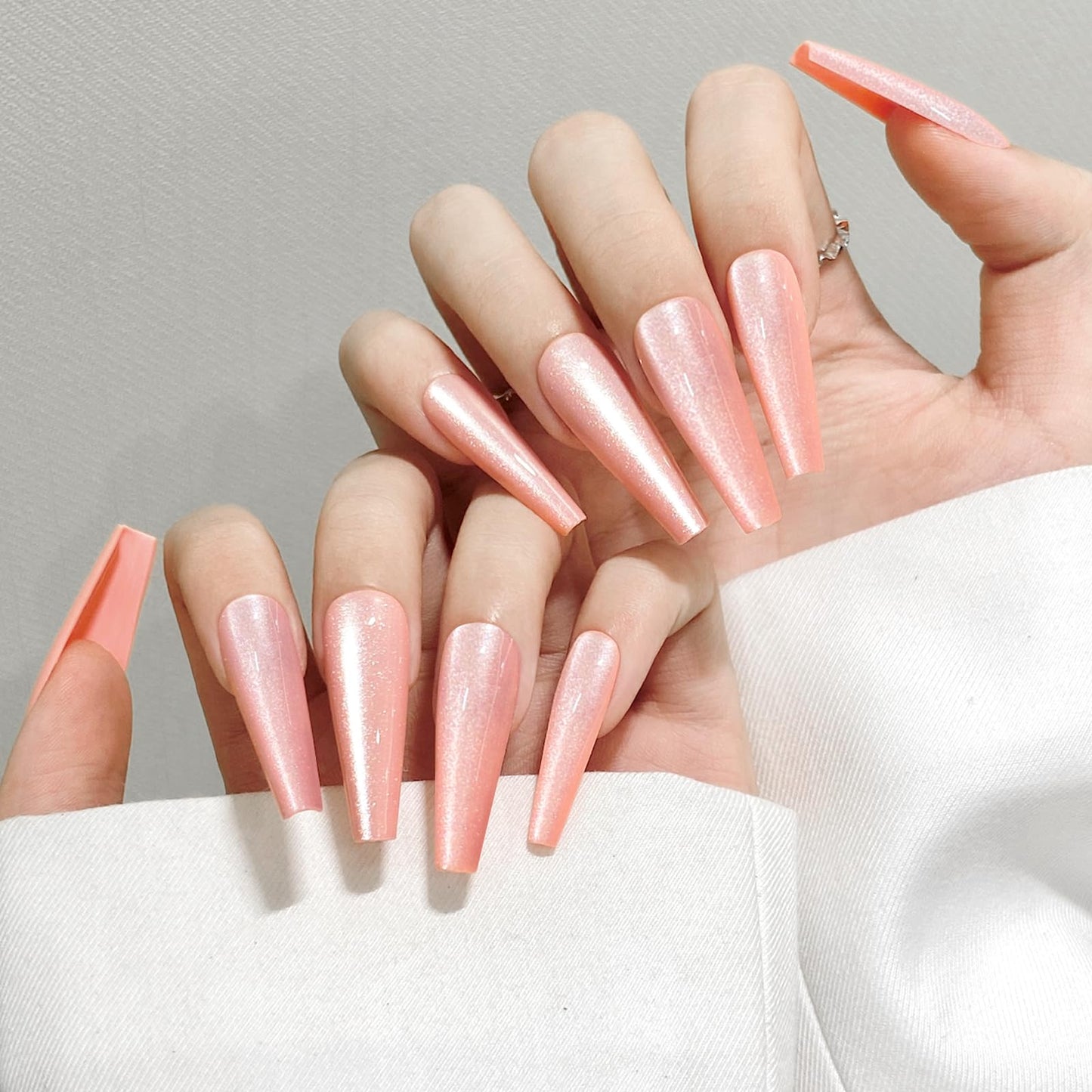 Pink Cat Eyes Press On Nails,12 Sizes - 24 Pcs Soft Gel Pink Long Coffin Fake Nails Kit with Nail Glue, Natural Reusable Stick On False Nails for Women and Girls SK1049