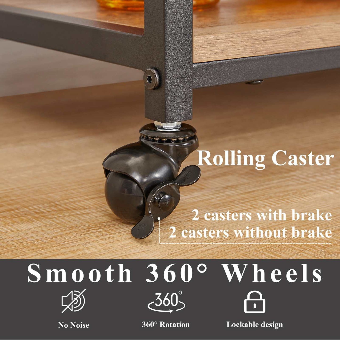 FATORRI Bar Cart for The Home, Rolling Wine Carts on Wheels with 3 Tier Wood Shelves, Liquor Beverage Cart with Wine Rack and Glass Holder (Rustic Oak)