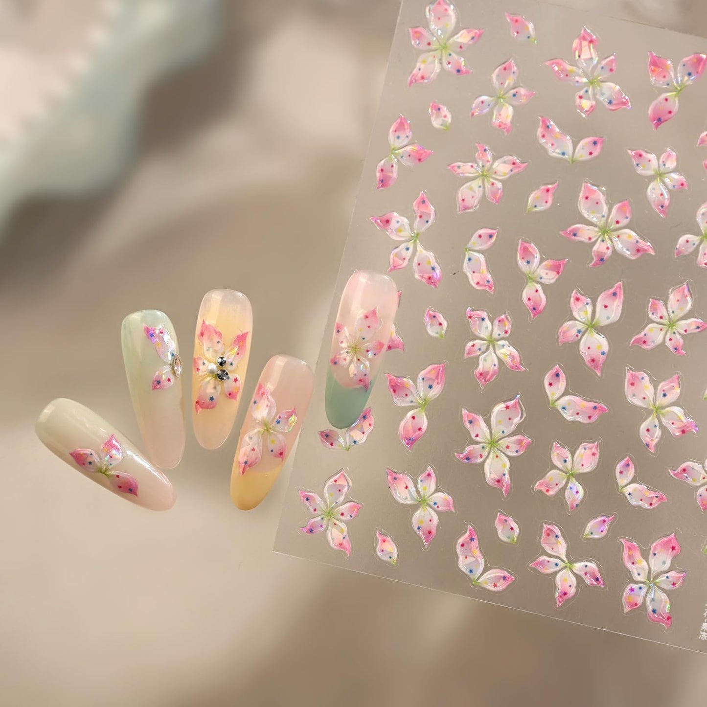 5D Embossed Flower Nail Stickers Pink Floral Nail Decals Spring Nails Art Stickers Self Adhesive Design Nails Charms Supply for Women Manicure Decoration Accessories