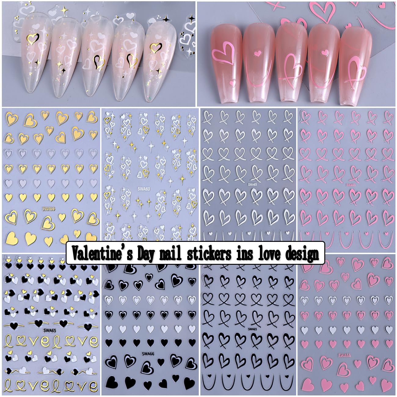 Valentine's Day Nail Art Sticker Set Nail Supplies Hearts Nail Decals 3D Self Adhesive Love Hollow Peach Heart Shaped Nail Design Valentine French Sticker for Women Valentine Holiday Nail Decoration