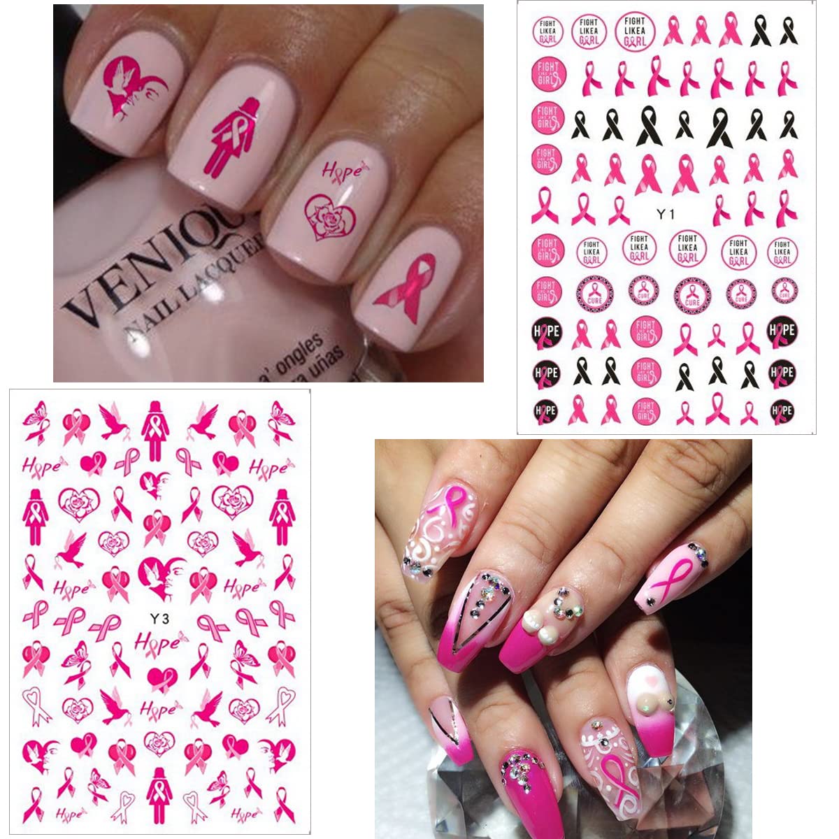 6Sheets Breast Cancer Awareness Nail Stickers - Self-Adhesive Pink Ribbon Decals for Women - DIY Nail Art Design Supplies with 'Love Heart' & 'Letter' Themes