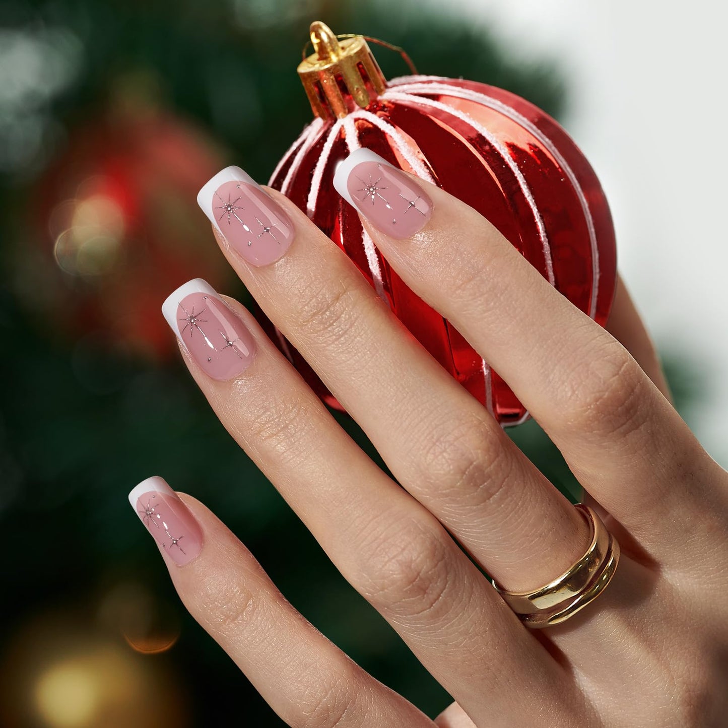 BTArtbox French Tip Press On Nails Short- Christmas Press On Nails with Stars, Natural Soft Gel Glue On Nails with Nail Glue, Reusable Stick On Nails in 16 Sizes, Classic French & Starlit Sparkle