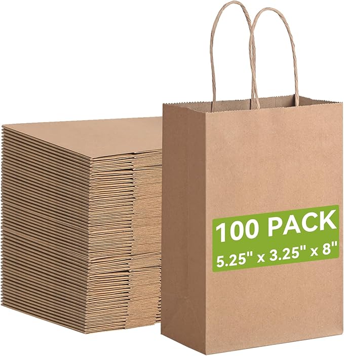 Brothersbox Small Brown Paper Bags with Handles 100PCS, 5.25 * 3.25 * 8 Inch Kraft Gift Bags Bulk for Craft Shopping Business Party Favor Retail Birthday Grocery