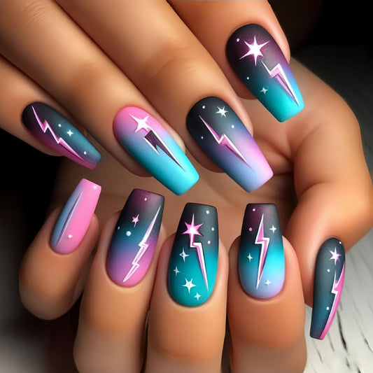 FIEONCIY Press on Nails Square Shaped Glossy Full Cover Acrylic Medium Length Square False Nails with Designs Artificial Short Coffin Fake Nails with Charms Glue ons Fingernails for Women Girls(Y471)