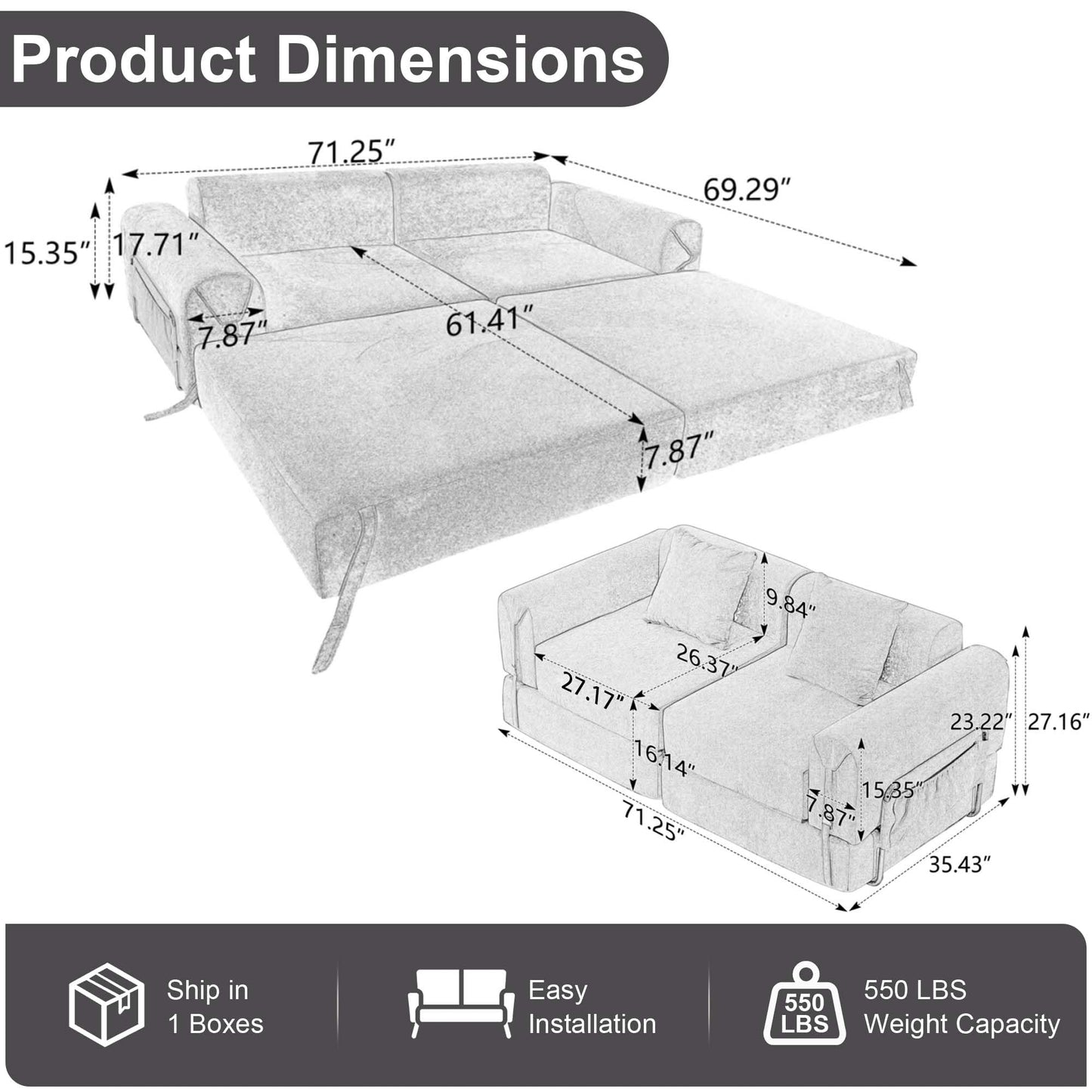 ILCQU Cloud Modular Sectional Sofa, Foldable Floor Couch Bed, Convertible Sleeper Sofa Bed, Fold Out Boneless Couches for Living Room, Office, Guest Room, Apartment (Loveseat, Green)
