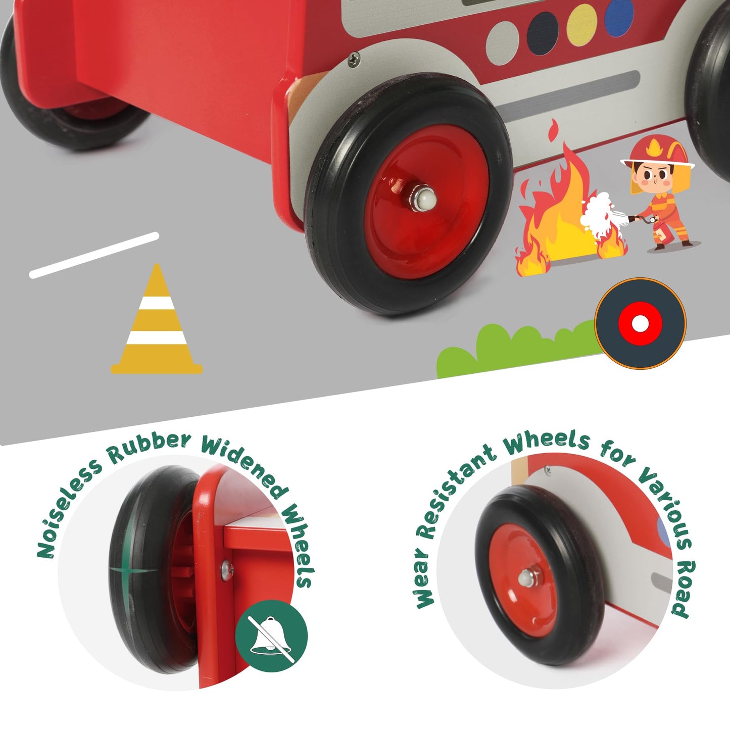 Labebe Wooden Baby Push Walker - Learning Toy for Toddlers 1-3 Year Old Boys and Girls, Fire Truck With Wheels
