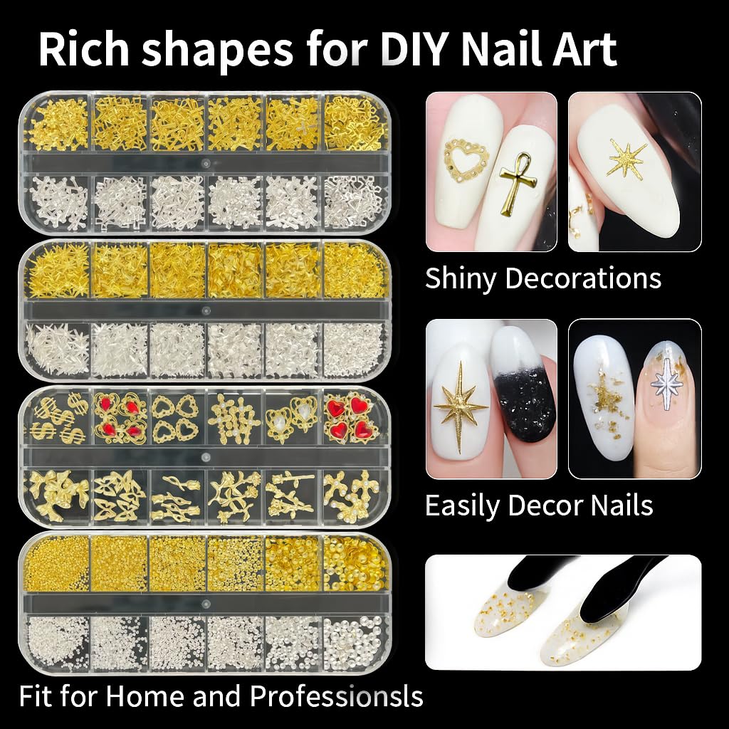 KINGNAME Gold Nail Charms and Gems Set, 4 Boxes Nail Gems Nail Pearls Nail Art Tools, 3D Cross Nail Charms Heart Nail Rhinestones for Nails Supplies, Charms for Nails Design Nail Art Kit