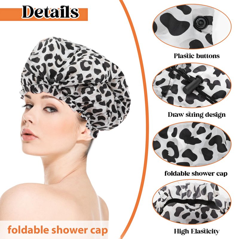 2 Pcs Large Shower Cap for Braids, Extra Long Shower Cap for Women Long Hair & Locs, Waterproof Hair Bonnets for Dreadlocks Drawstring Bath Caps for Women & Men (Black, Cow Print)