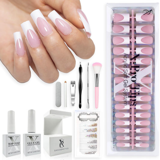 SXC Cosmetics French Tip Press On Nails – Pink Series, Medium Square Fake Nails X-Pro Tips Starter Kit | 150PCS, 15 Sizes, 5 Styles