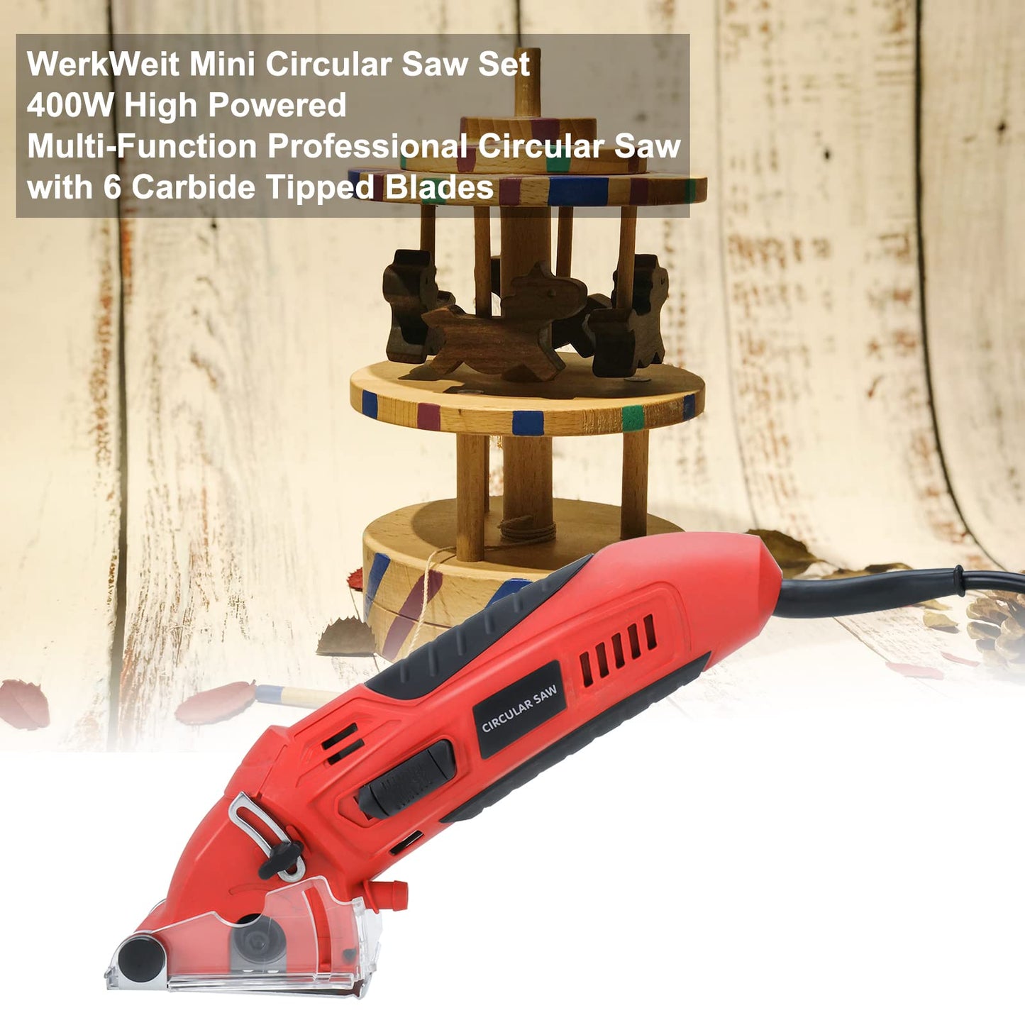 WerkWeit Mini Circular Saw Set Professional Multifunctional Circular Saw Machine Set 400W High Powered Compact Circular Saw with Tool Box, 6 Carbide Tipped Blades for Cutting Wood,Plastic,Tile,Metal