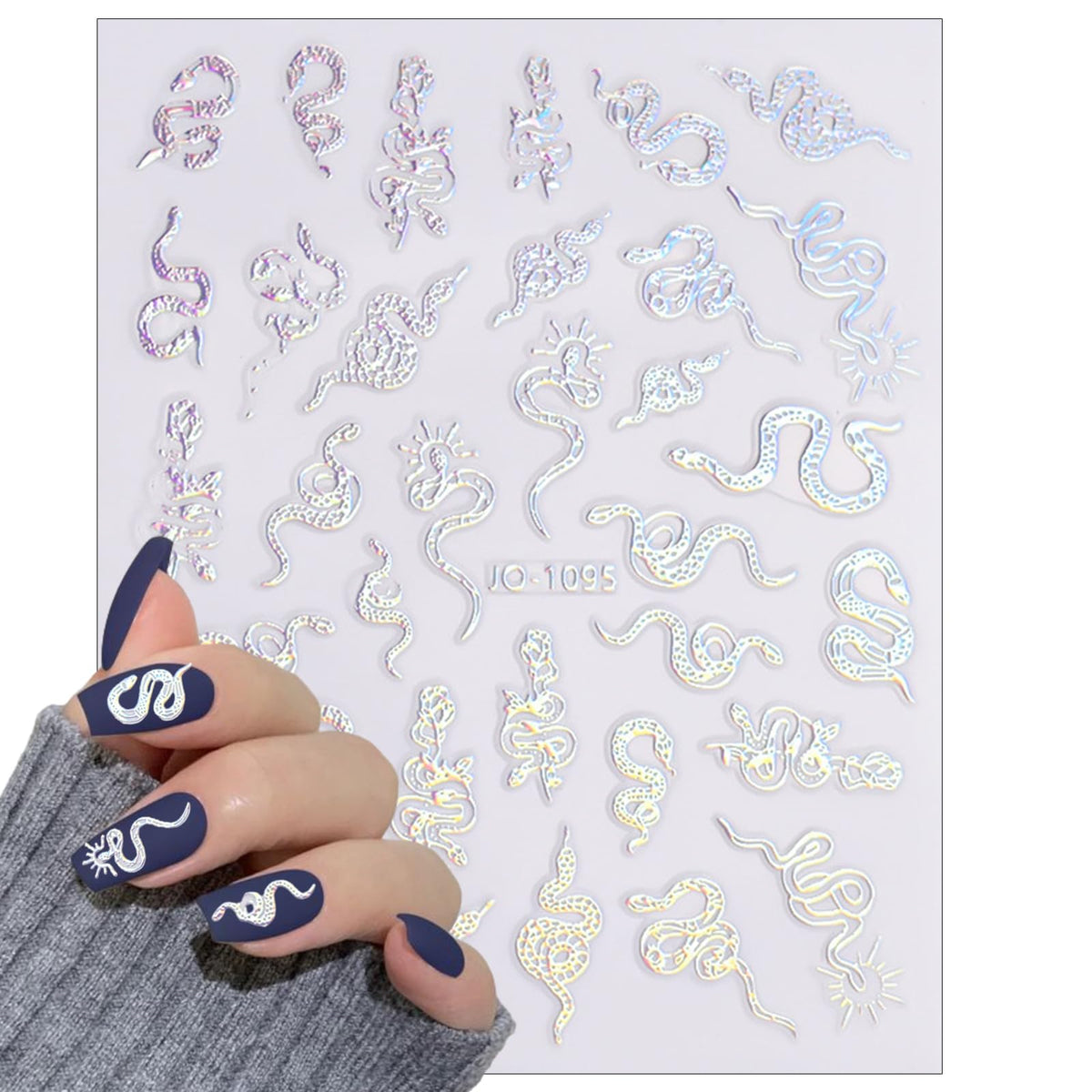 5 Sheets Aurora Silver Snake Nail Art Stickers 3D Self-Adhesive Laser Nail Decals Stars Sun Moon Line Holographic Designs Nail Stickers for Women Girls DIY Manicure Supplies